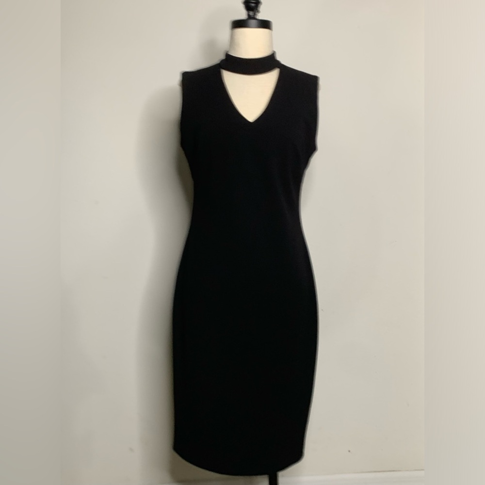 Calvin klein Black Dress checker collar v neck sleeveless zipper back size 8